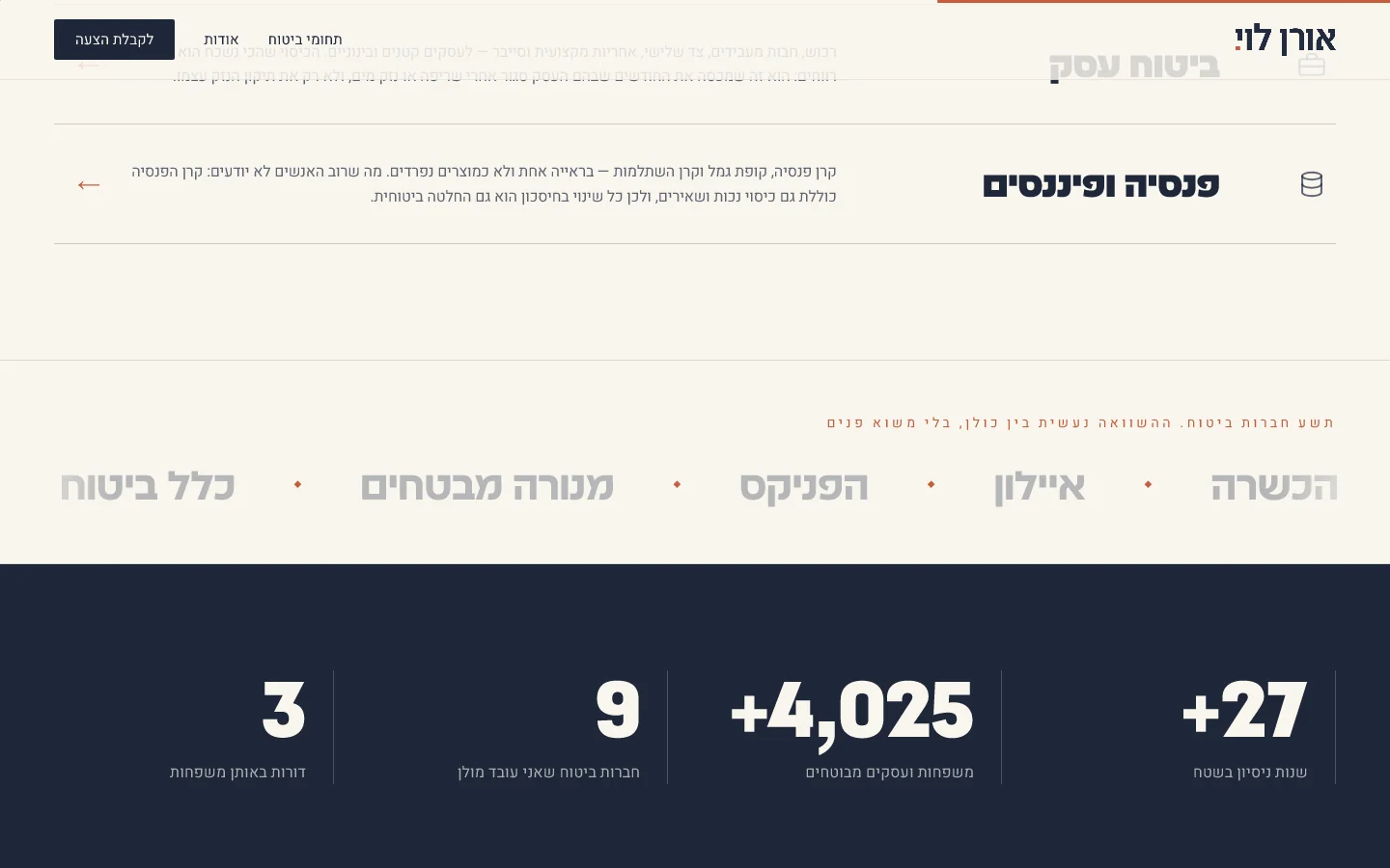 אורן לוי — תחומי ביטוח: שישה תחומים, סטנדרט אחד